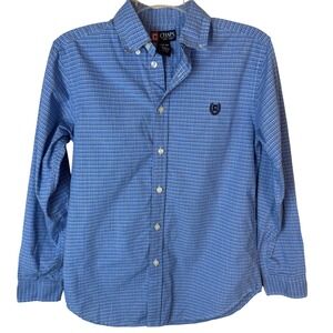 Chaps Kids Blue Plaid Button Down Shirt Long Sleeve Embroidered Logo Size L